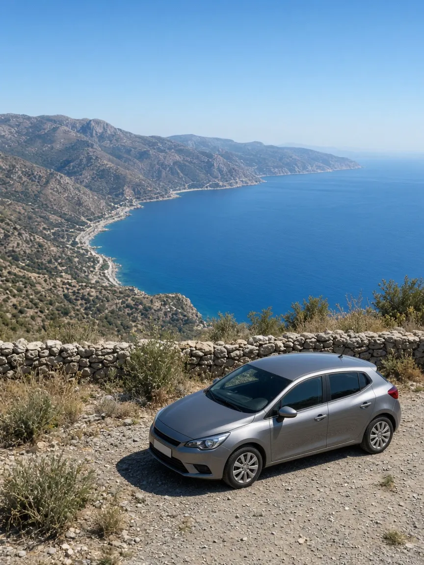Silver hatchback at a coastal viewpoint above a long blue bay.