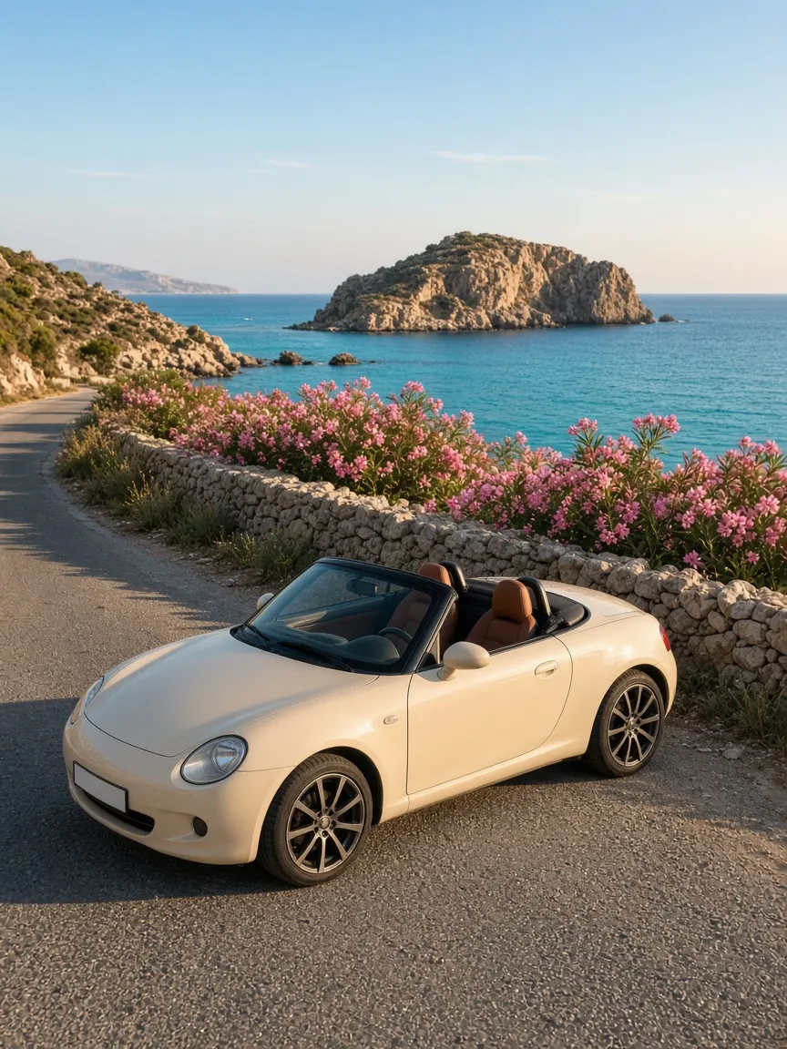 Cream convertible with the roof folded down beside a turquoise cove.