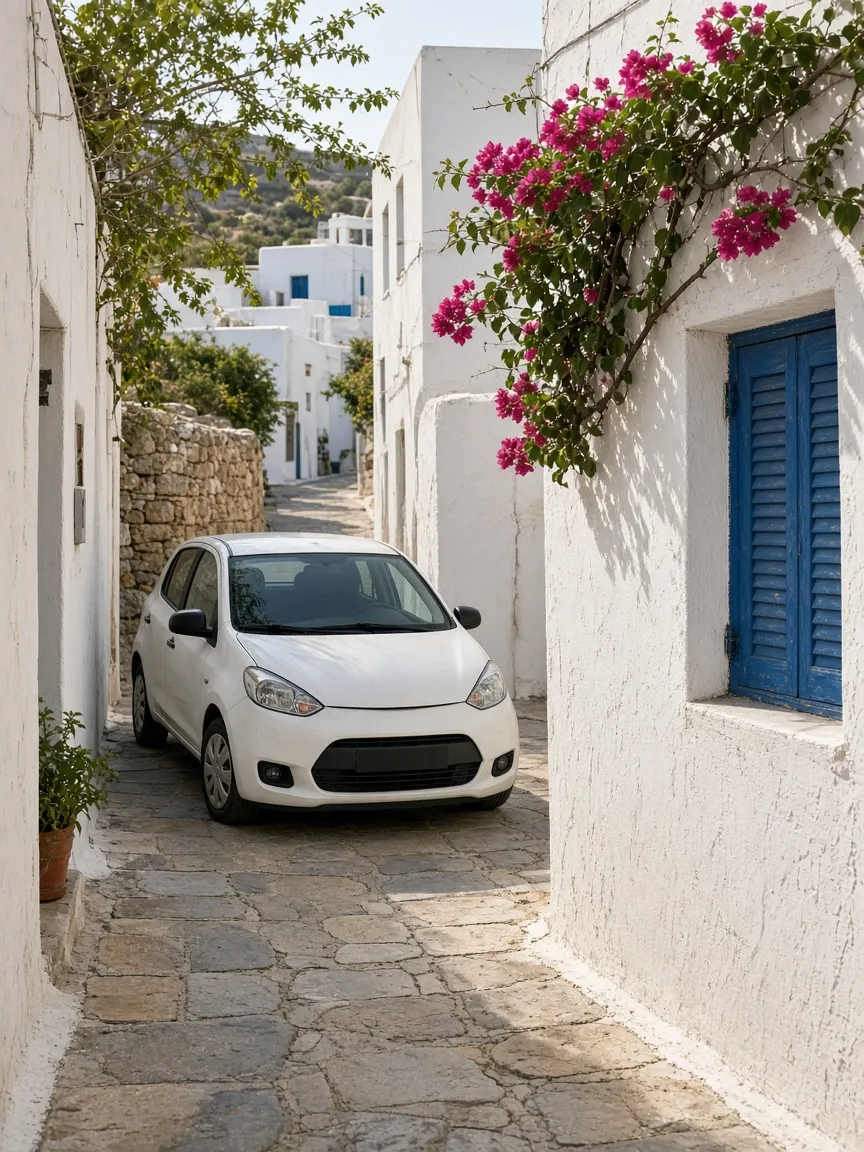 Small white hatchback parked in a narrow whitewashed village lane.