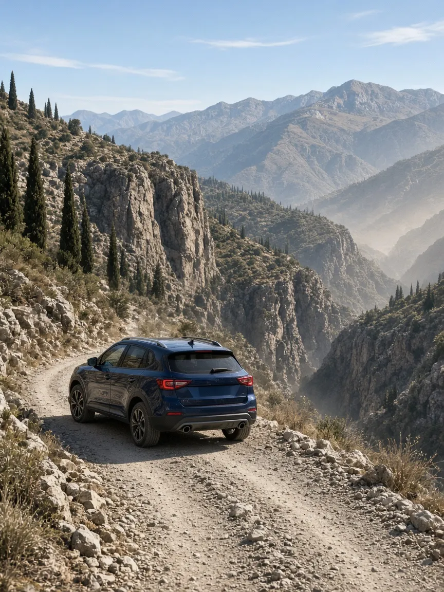 Navy SUV on a dusty mountain track above a limestone gorge.