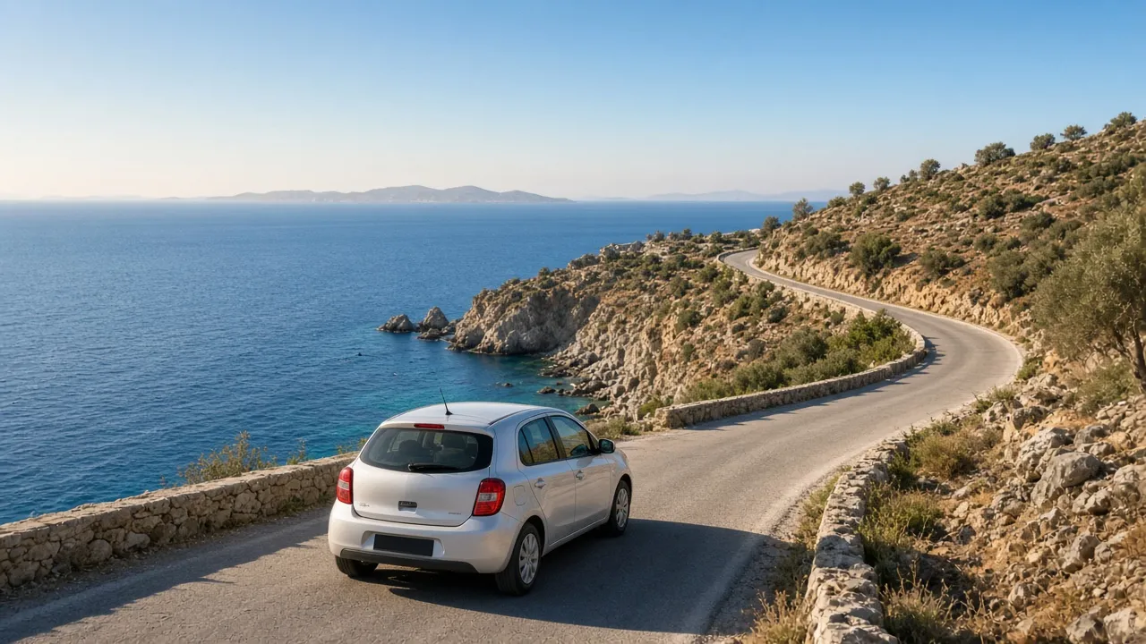 Small white hatchback on a narrow coastal road above the sea on Crete.
