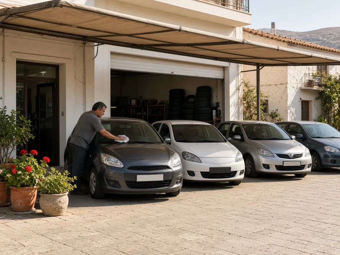 Rental cars parked under an awning outside a small Cretan workshop while a mechanic cleans a windscreen.