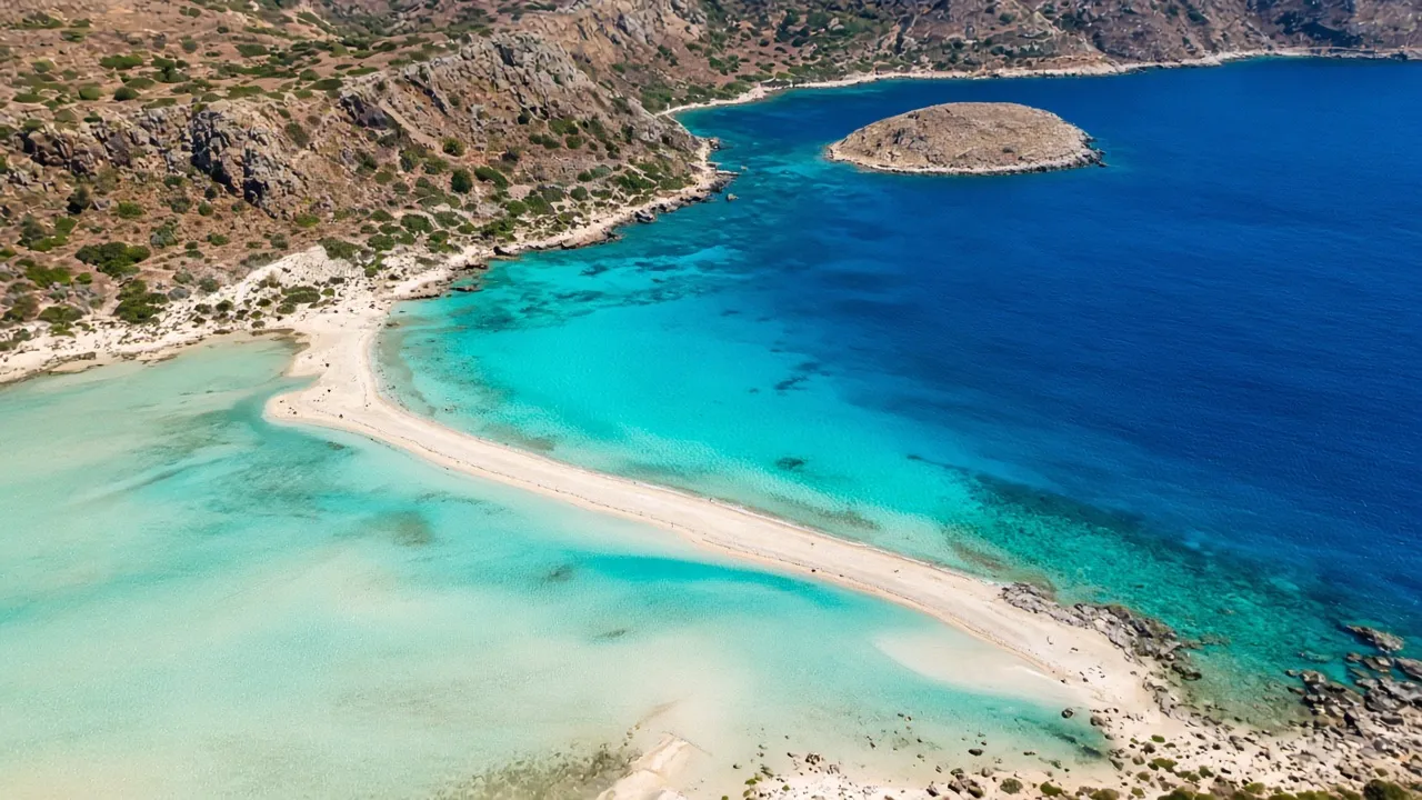 Aerial view of the pale sand spit and turquoise water of Balos lagoon on Crete.