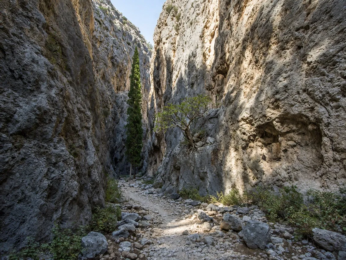 Narrow limestone gorge on Crete with tall rock walls and a stony footpath.