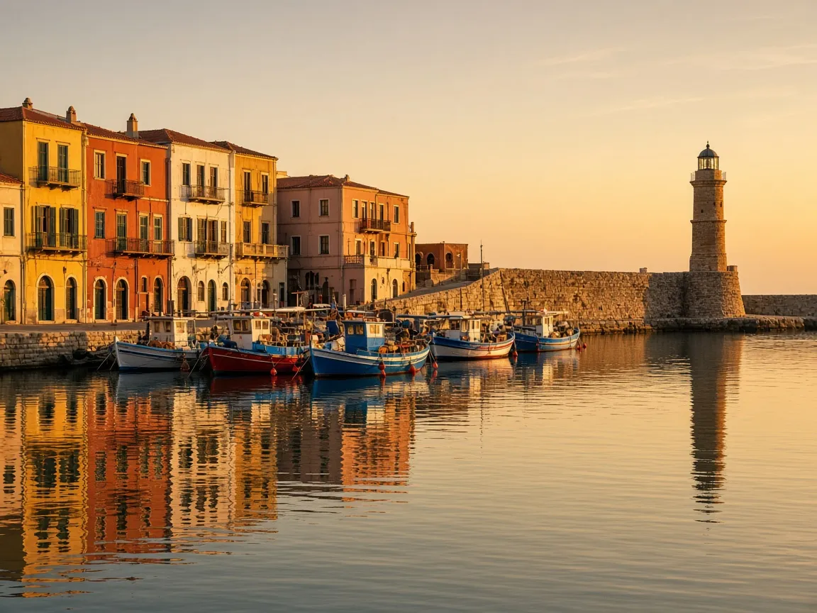 Venetian harbour of Rethymno at golden hour with fishing boats and the stone lighthouse.