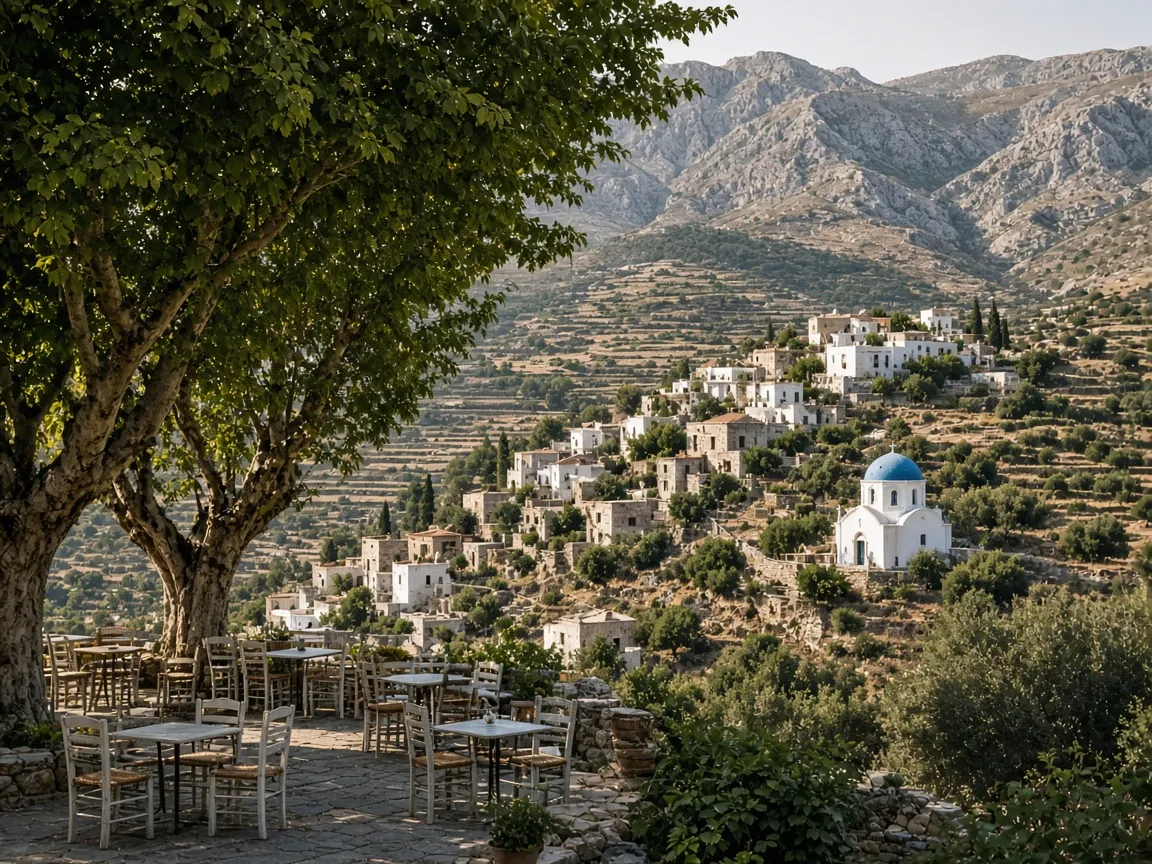 Traditional Cretan mountain village with a blue domed chapel and terraced hillsides.