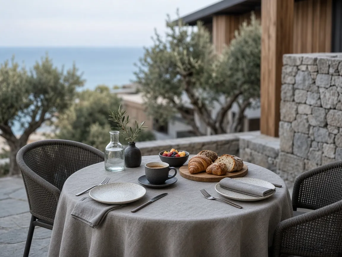 Breakfast table set on a quiet hotel terrace