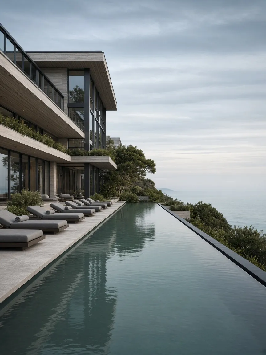 Linear hotel pool facing the sea at Sunset Bay in cool morning light