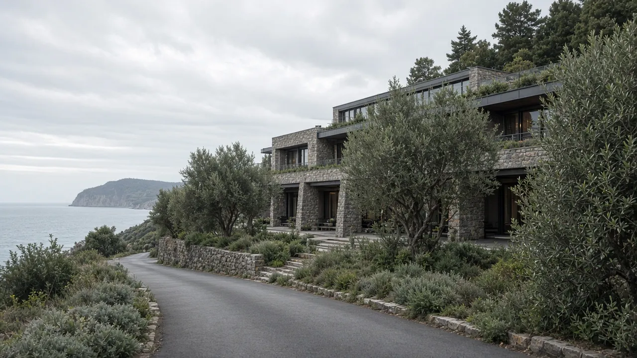 Coastal approach to the low hotel buildings beside the sea