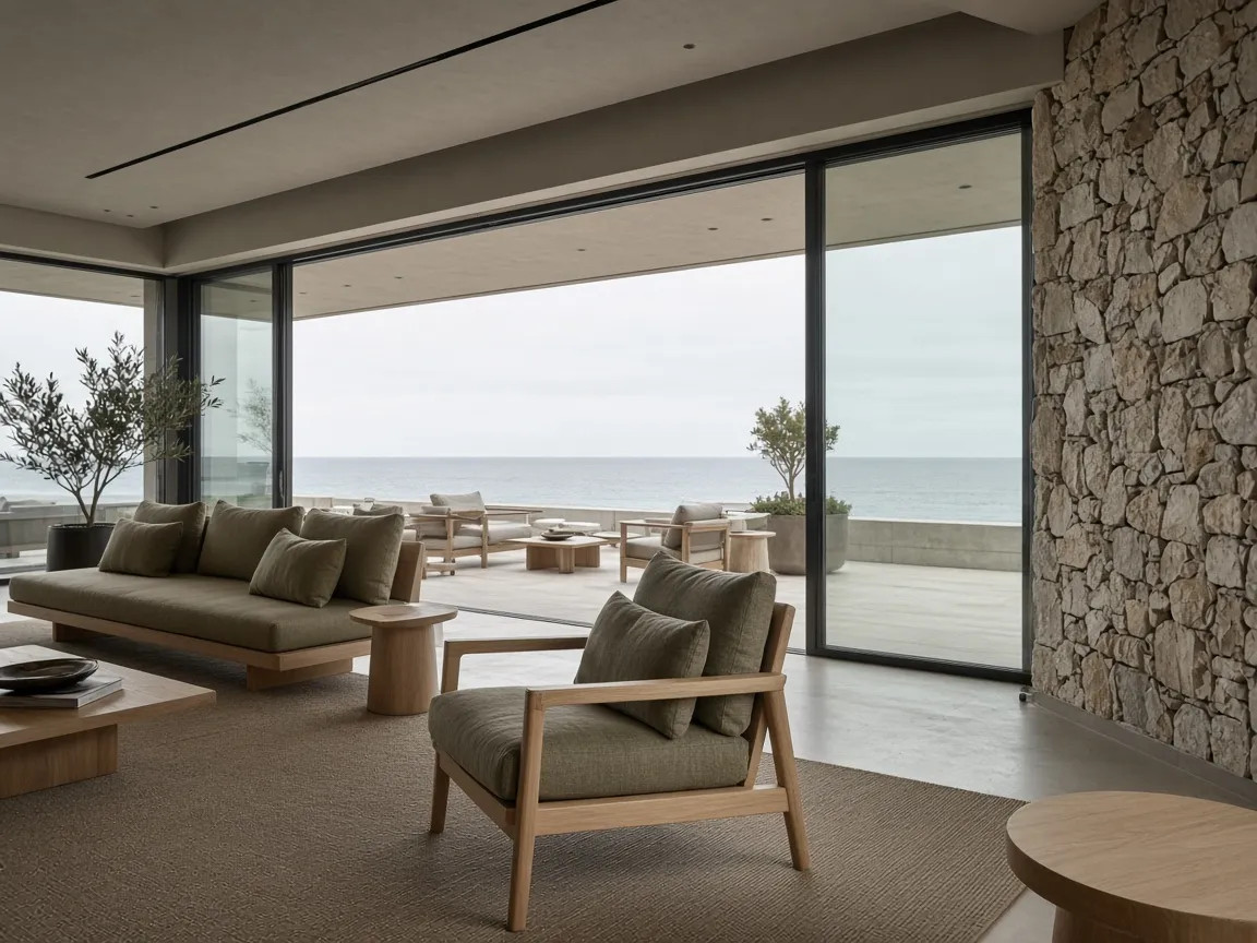 Quiet hotel lounge opening toward the water