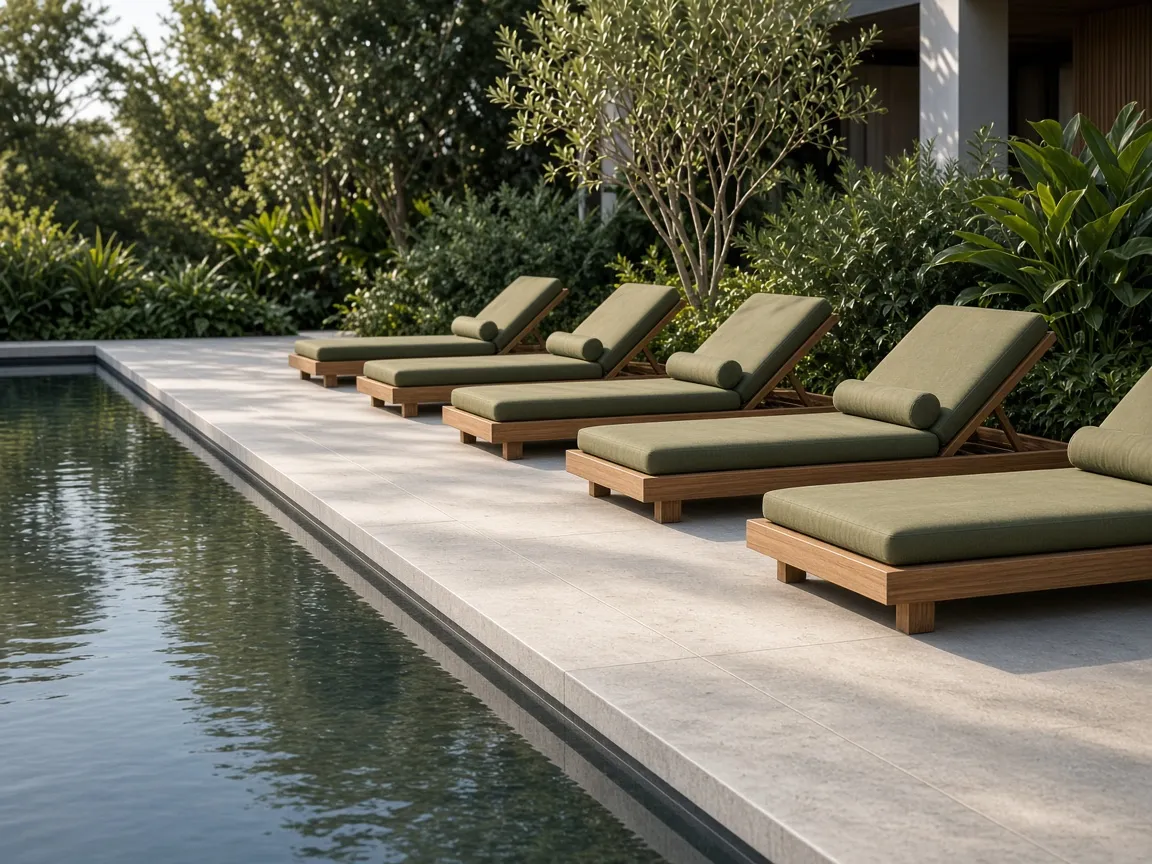 Hotel pool edge with timber loungers and olive planting