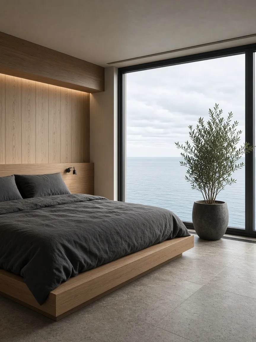 Contemporary hotel bedroom with sea light through a wide window