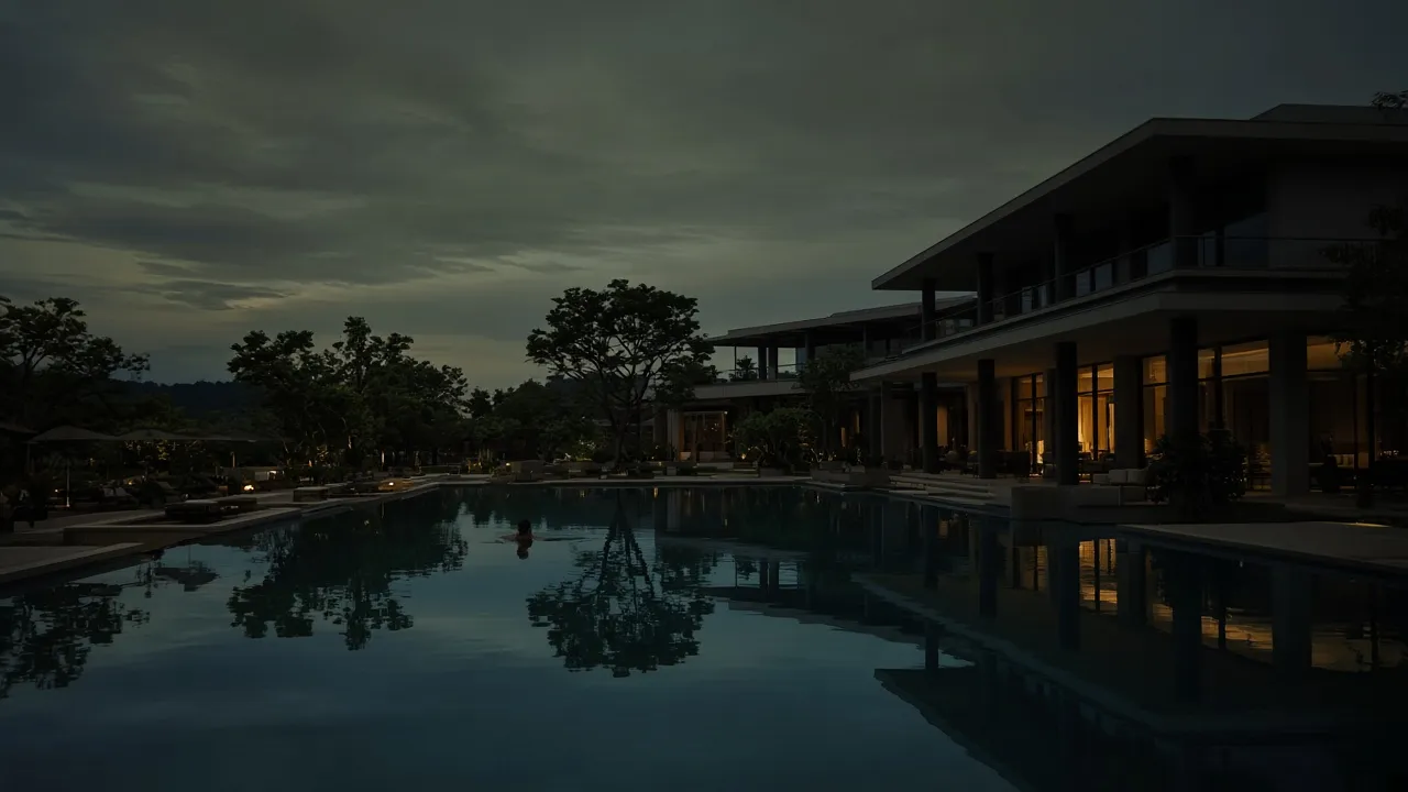 A swimmer in a still hotel pool at blue hour