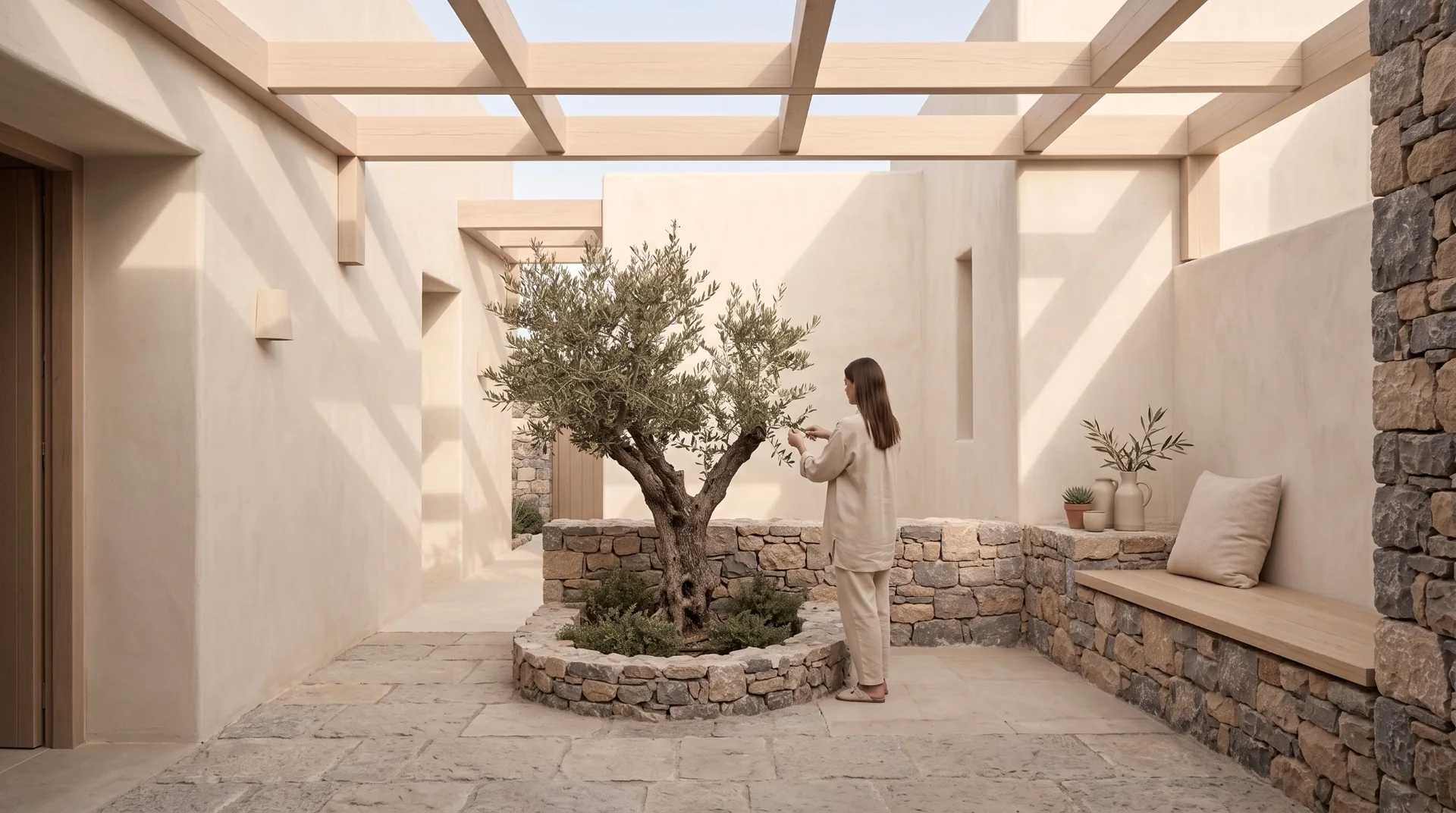 A member of the Sunset Bay team tending an olive tree in a quiet stone courtyard