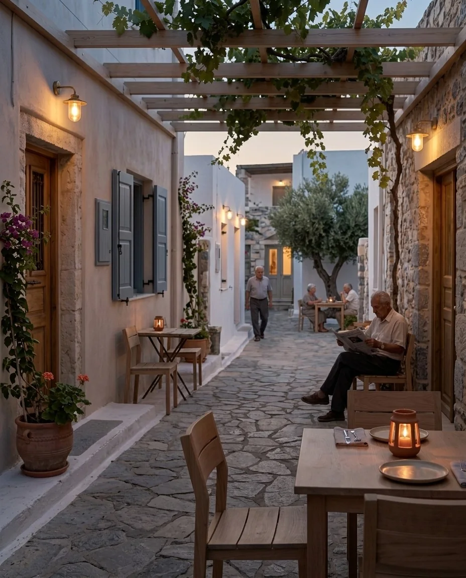 A village lane on Kos in the warm light just after sunset