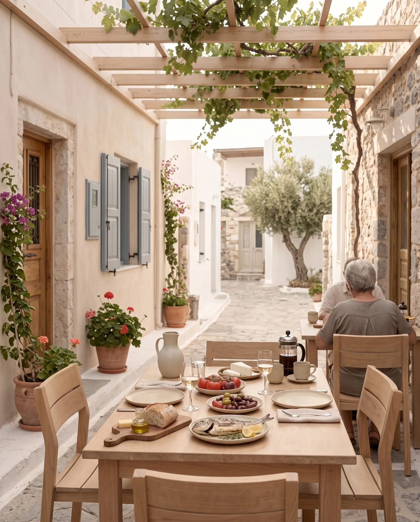 A long local lunch in a quiet village lane on Kos