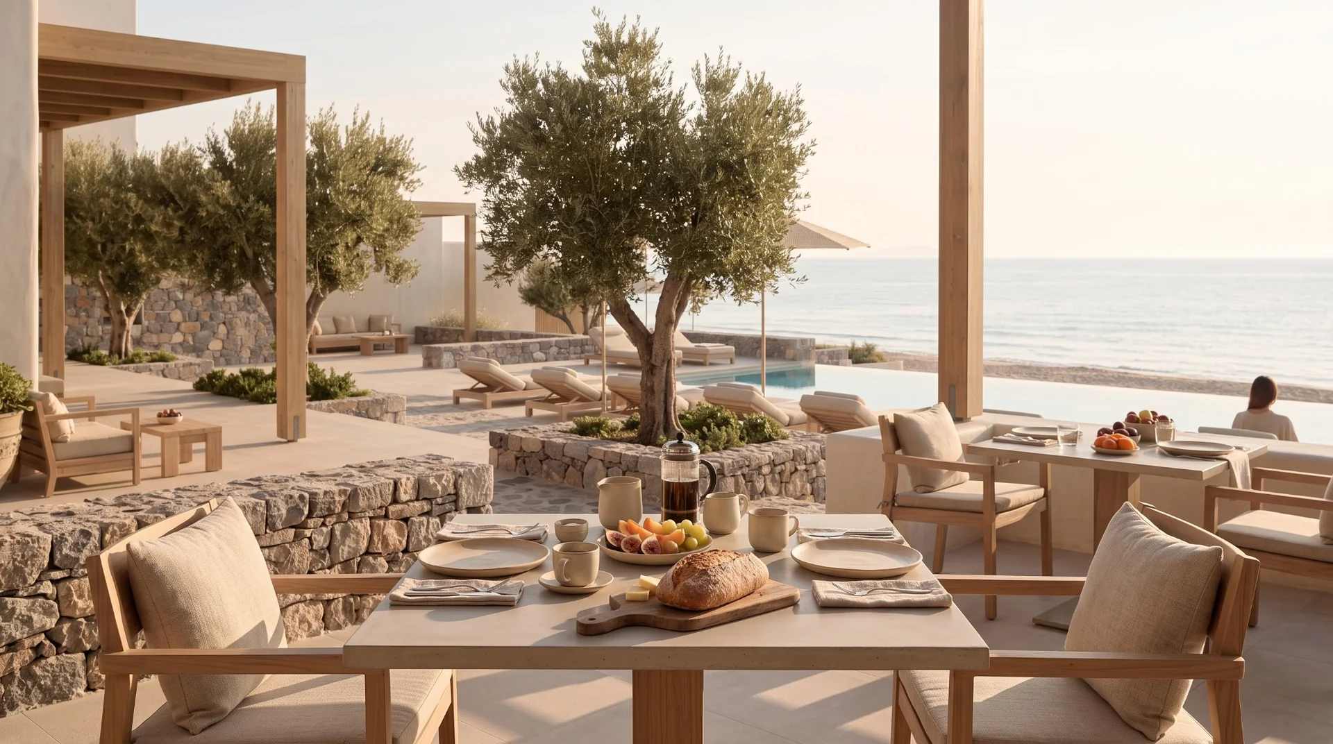 Mediterranean breakfast served beside the pool and sea at Sunset Bay