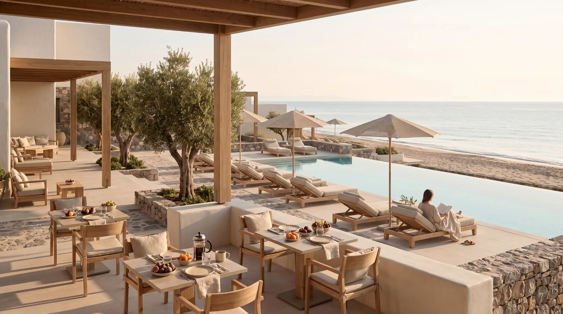 Sunset Bay beachfront pool and shaded breakfast terrace overlooking the Aegean