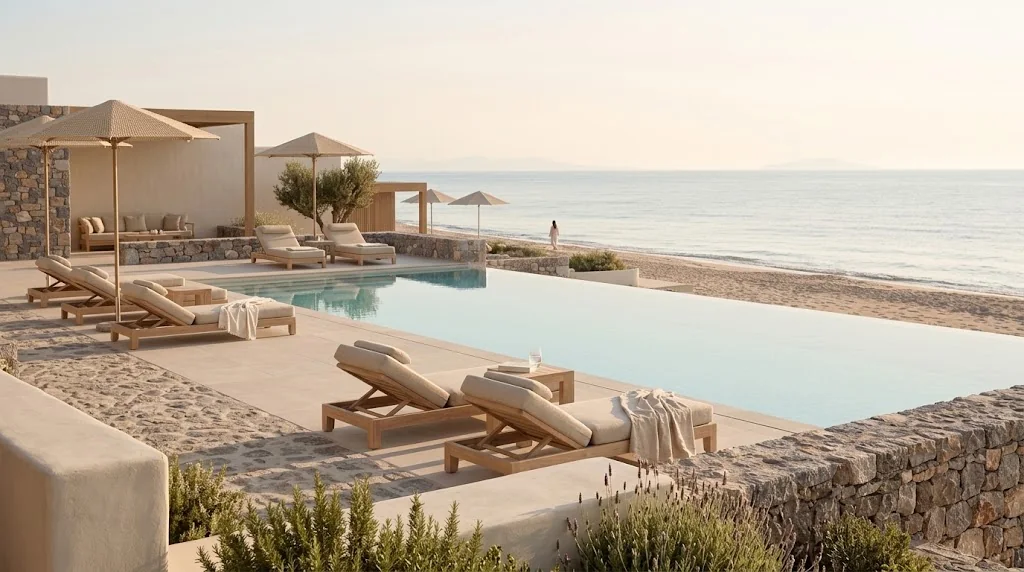 Sunset Bay beachfront pool with loungers and calm Aegean water beyond