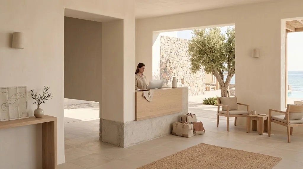Small Sunset Bay reception with pale timber, local stone and a view toward the sea