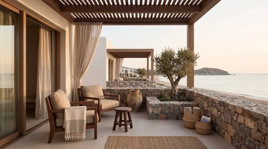 Quiet Sunset Bay balcony with timber seating and a sea view