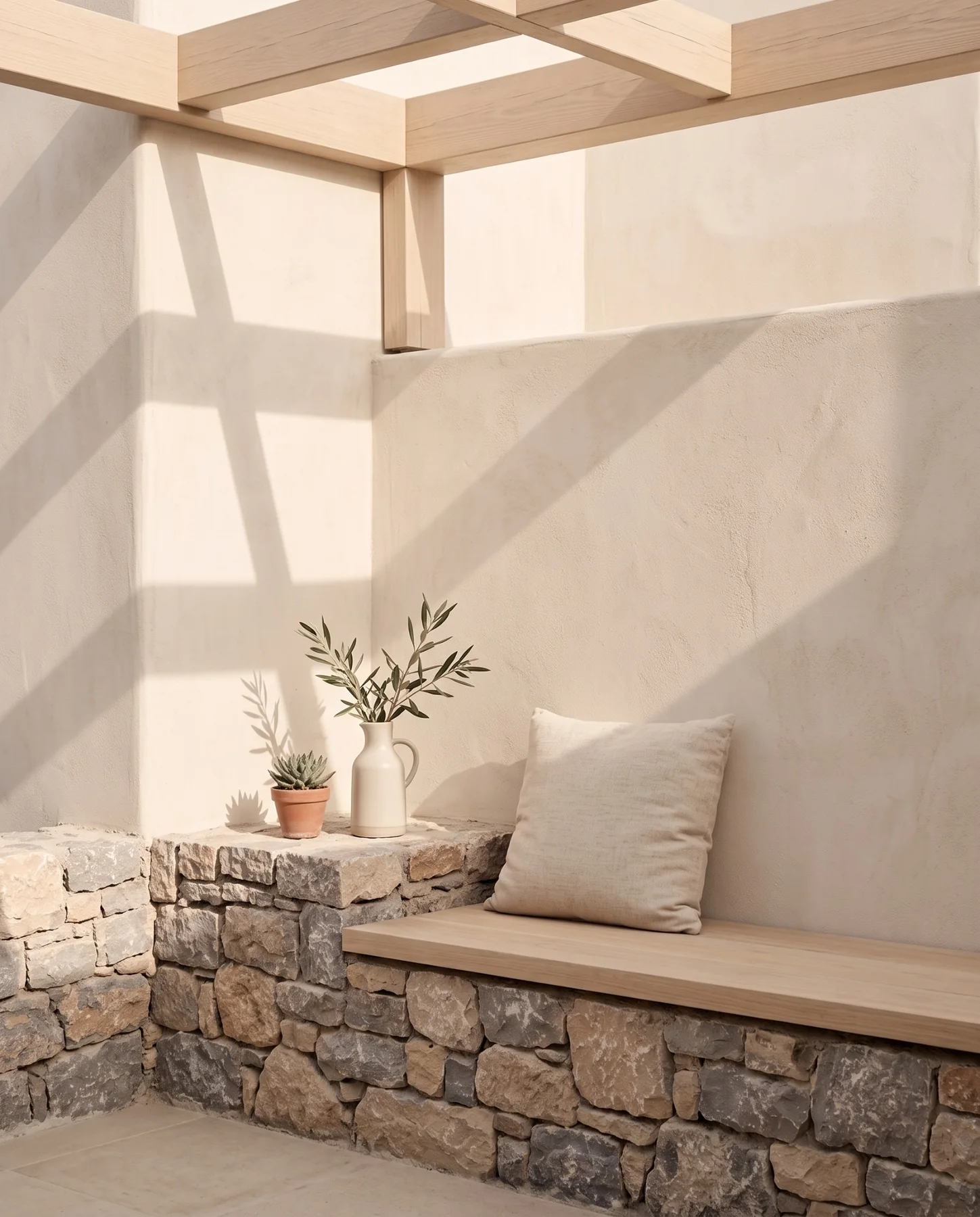 Natural stone, pale timber and limewashed plaster in a quiet Sunset Bay terrace detail