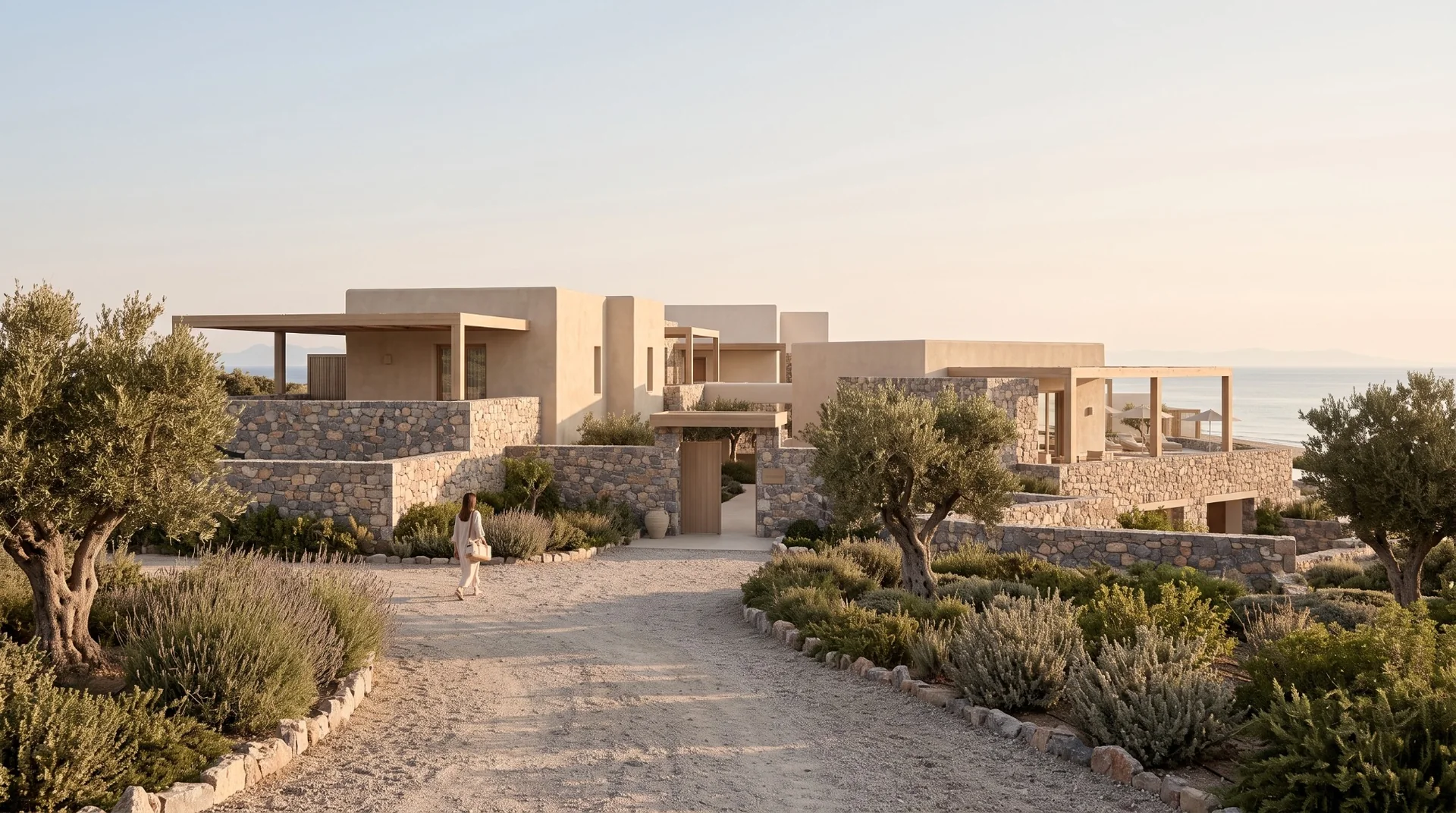 The low-rise Sunset Bay boutique hotel set among olive trees beside the Aegean
