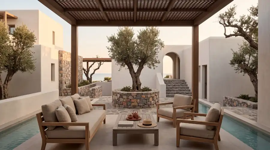 Shaded courtyard at Sunset Bay with olive trees, natural stone and warm timber