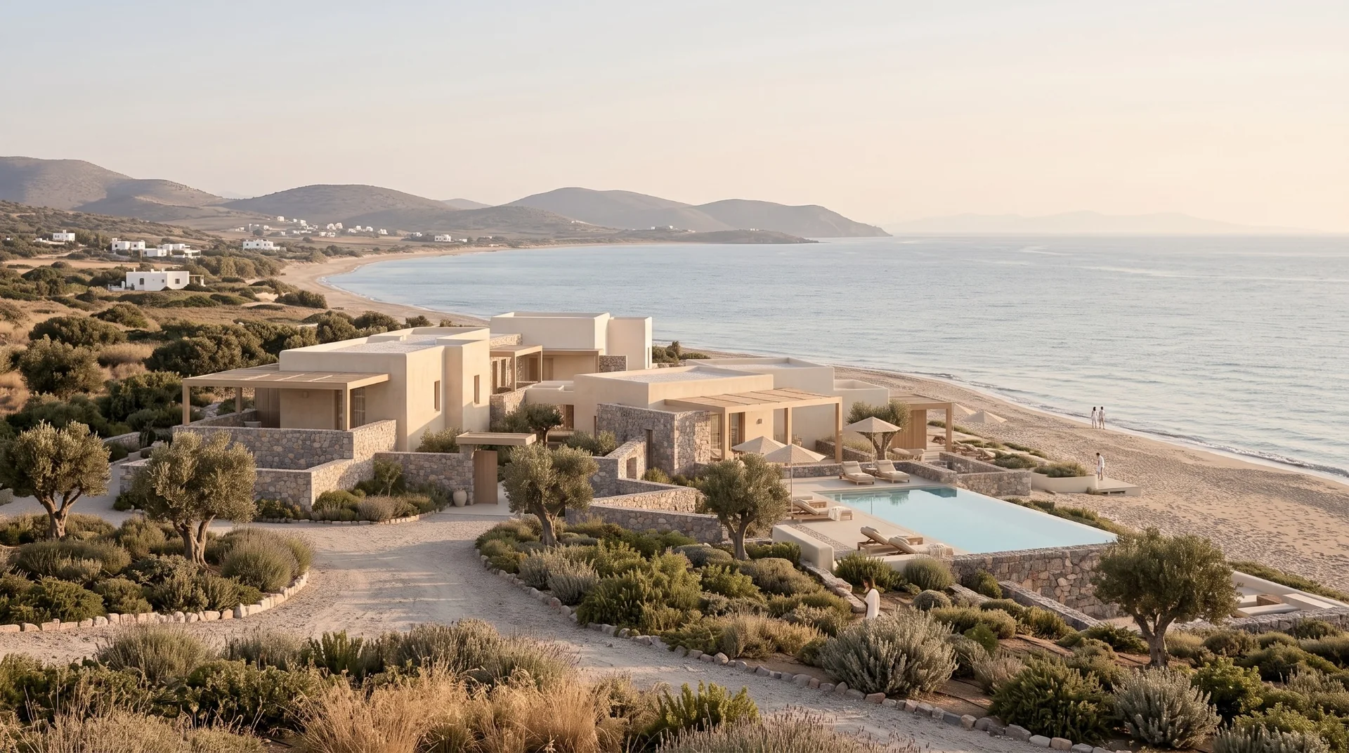 Sunset Bay set within a quiet bay on Kos with olive trees, low hills and the Aegean Sea