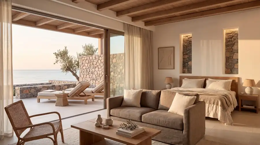 Sunset Bay suite interior in warm neutral tones